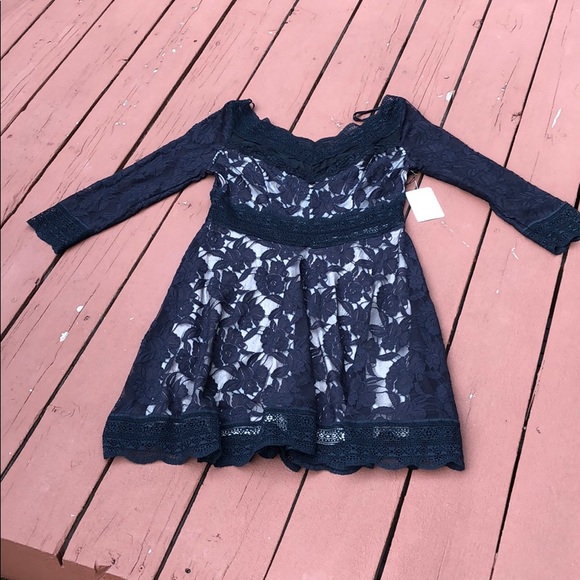 NWT FREE PEOPLE DARK NAVY LINED LACE DRESS, SIZE L - Picture 1 of 7